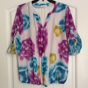 Calvin Klein Tie-Dye Floral Blouse - Purple, Blue, Yellow